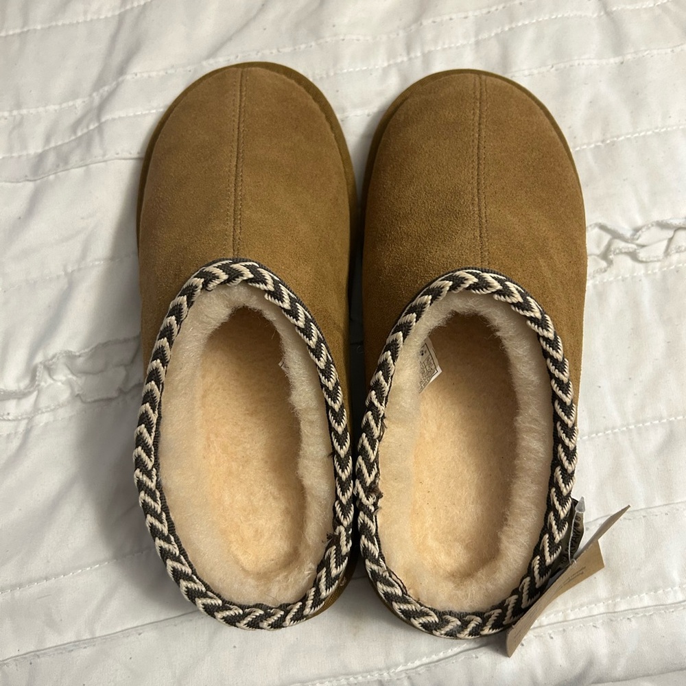 BearPaw Tan Slippers with Black and White Trim